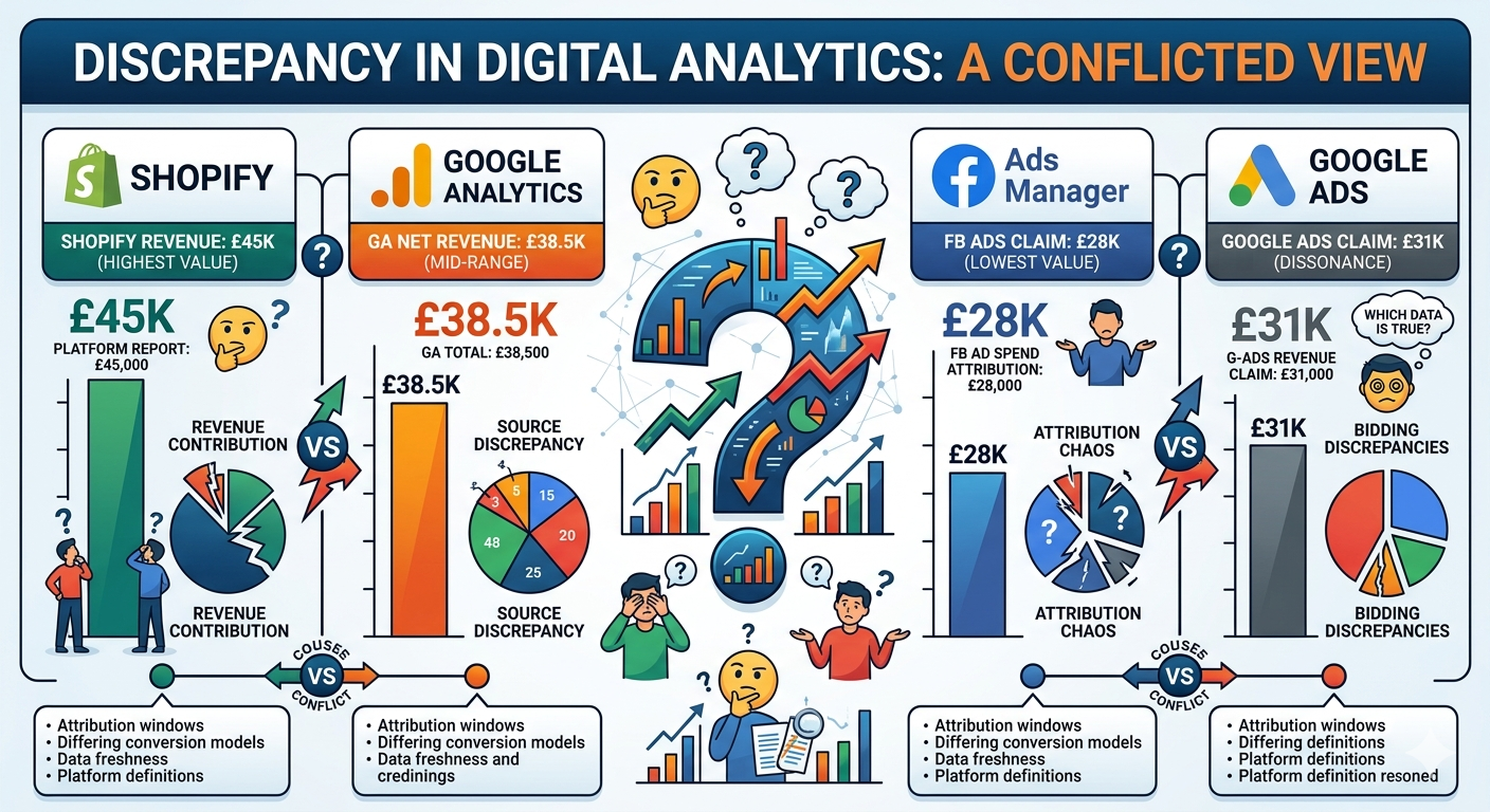 A split-screen digital illustration showing data chaos vs clarity. Left side: fragmented analytics dashboards with conflicting numbers, broken charts, and confused arrows in red and orange tones. Right side: unified, clean dashboard with AI elements, connected data flows, and growth arrows in green and blue. Modern, professional style with subtle e-commerce elements like shopping carts and revenue graphs. 1200x630px format