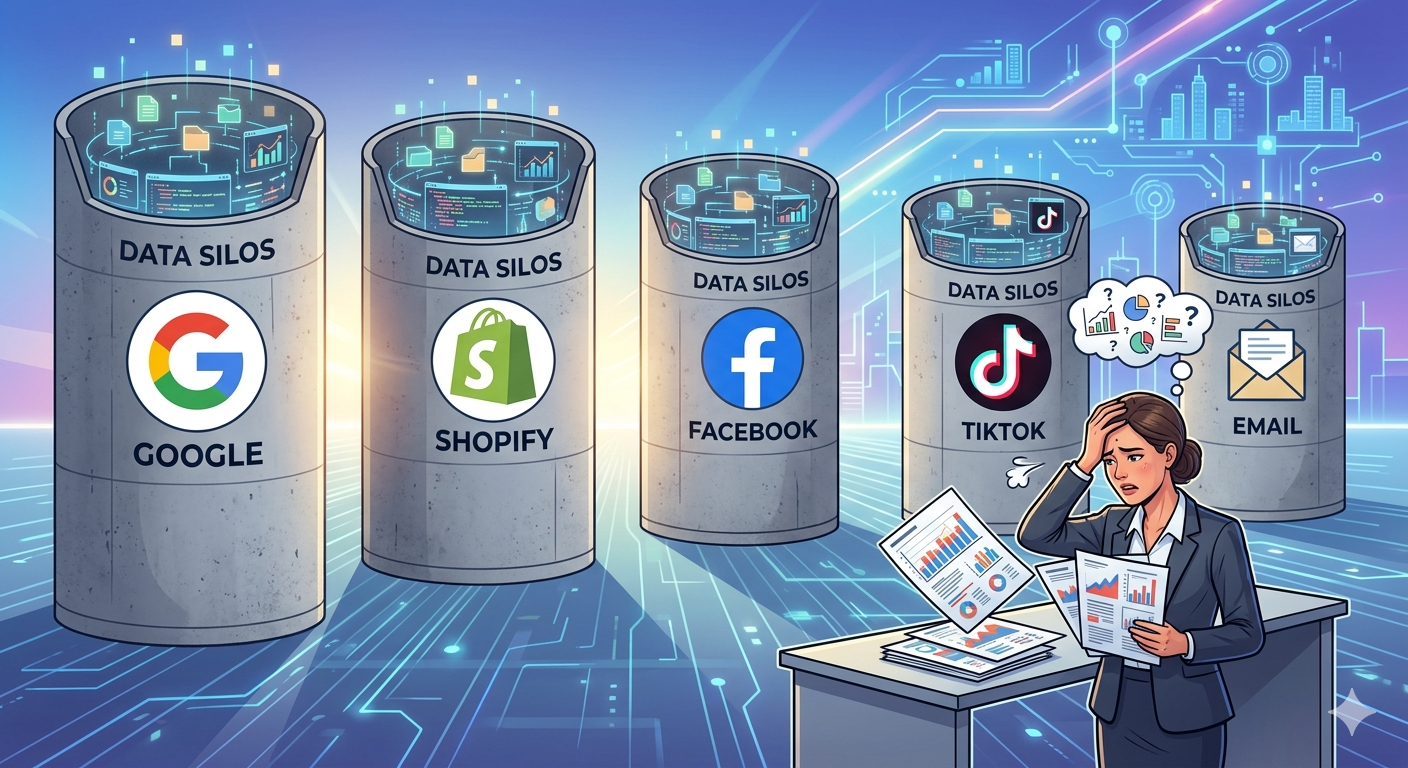 A conceptual illustration of data silos as literal concrete silos with platform logos (Google, Shopify, Facebook, TikTok, Email) on each silo