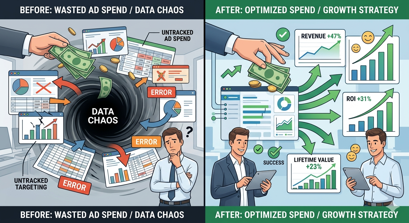A futuristic dashboard interface showing unified analytics with AI elements