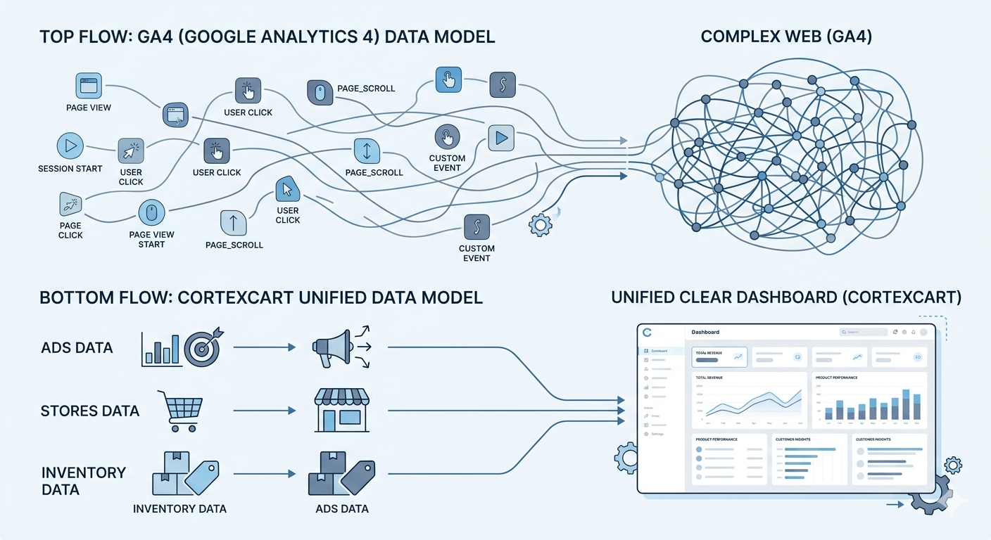 Infographic diagram mapping the difference between general-purpose web event tracking
and integrated multichannel e-commerce revenue data flows.