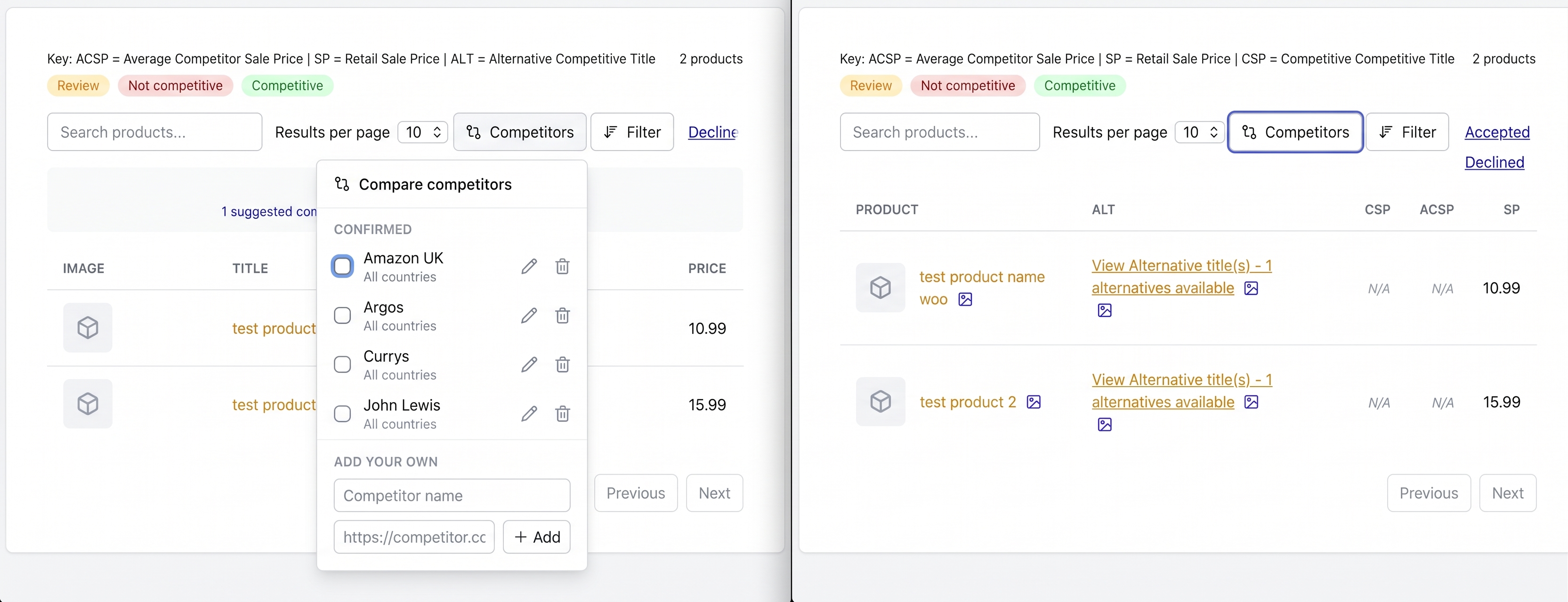 Screenshot split showing the competitor widget in action